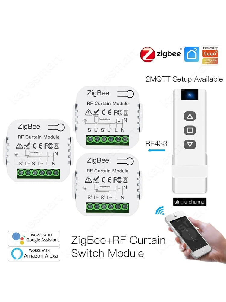 Tuya 智能 ZigBee 窗帘开关模块带 RF433，适用于卷帘百叶窗电机智能生活 APP 控制 Alexa Google Home 2MQTT