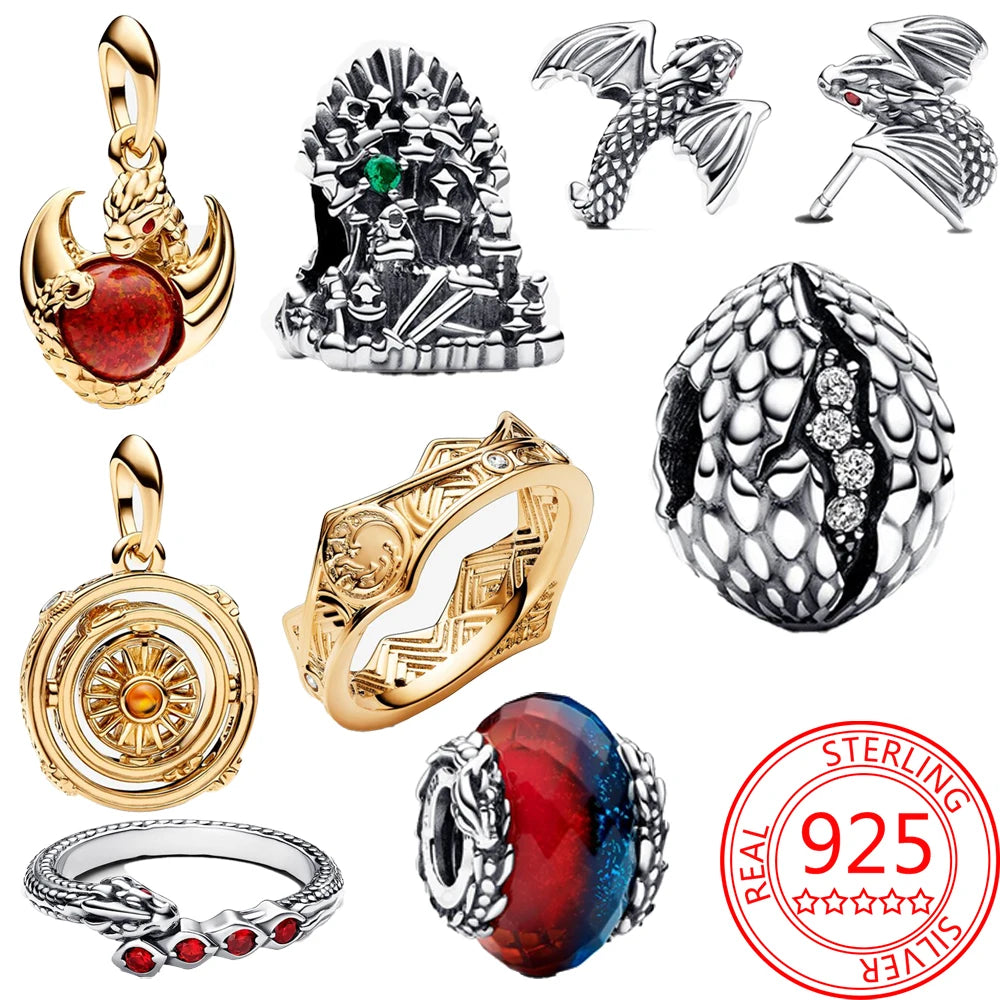 Game Series 925 Sterling Silver Dragon Egg Shaped Beads &Dragon Ring Fit DIY Bracelet Necklaces Accessories