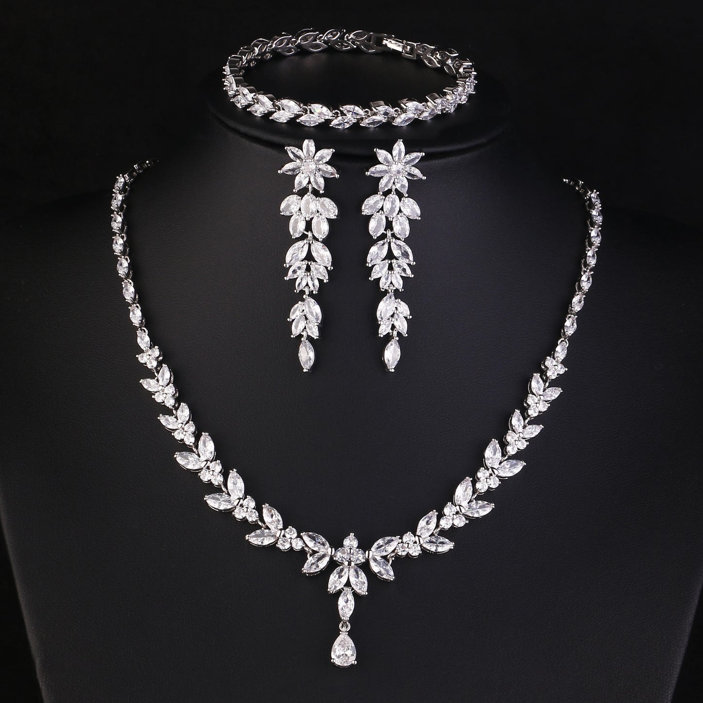 ZAKOL Luxury Brilliant Zirconia Leaf Necklace Earrings Rings Bracelets Set for Women CZ Drop Bridal Wedding Jewelry Sets