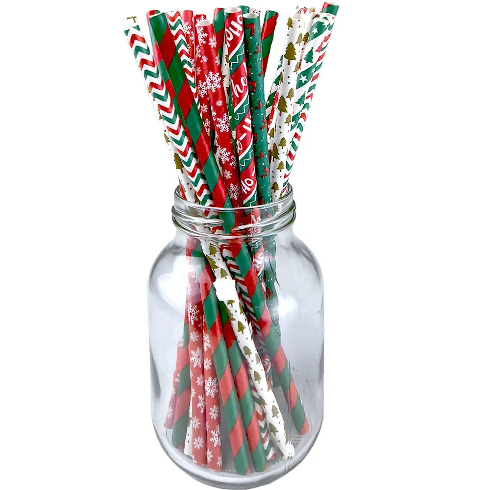 25/50/100pcs Christmas Party Favors Paper Straw Christmas Tree Elk Snowflakes Party Biodegradable Drinking Stripe Straw for Xmas