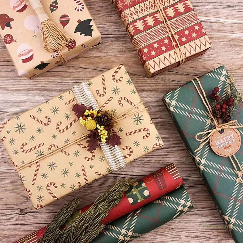 QX2E Retro Christmas Gifts Wrapping Papers DIY Present Packing Kraft Wraps