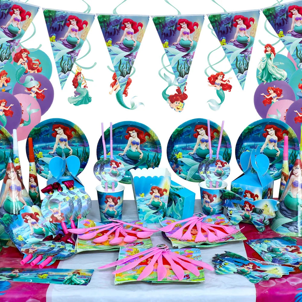 Disney Ariel Mermaid Birthday Decoration Cartoon The Mermaid Princess Tableware Cup Plate Balloons Party Supplies Baby Shower