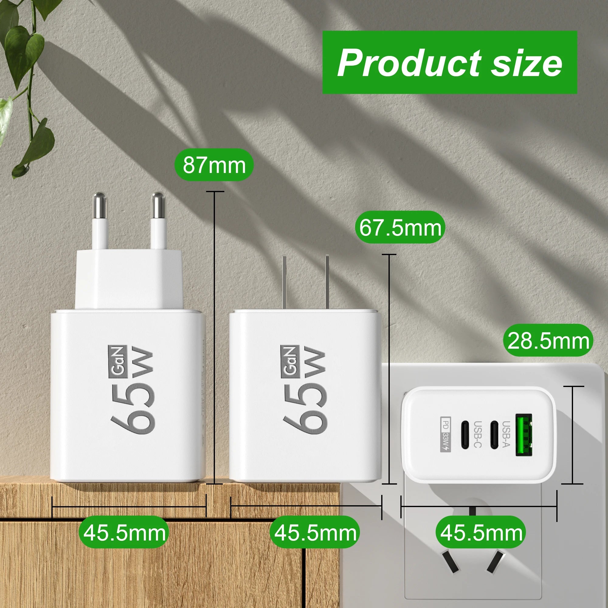 شاحن سريع 65 وات GaN USB C شاحن QC3.0 Type C PD محول شحن سريع للهاتف المحمول لهاتف iPhone وSamsung وXiaomi وشاحن حائط