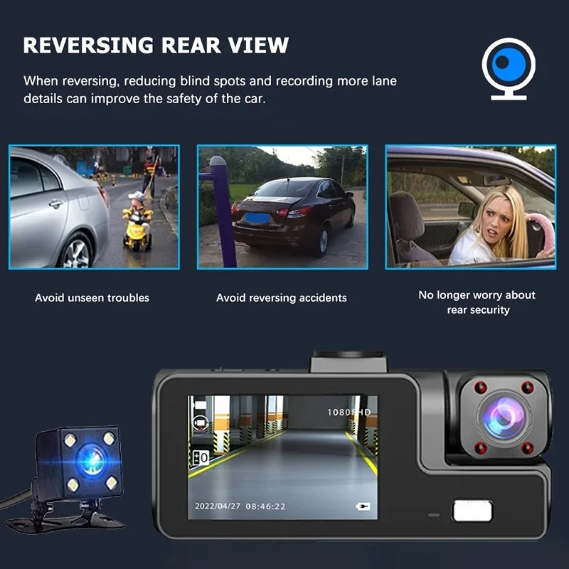 3 Channel WiFi Dash Cam Rear View Camera W/ IR Night Vision Loop Recording & 3" IPS Screen 1080P 3 Camera Car DVR car accessory