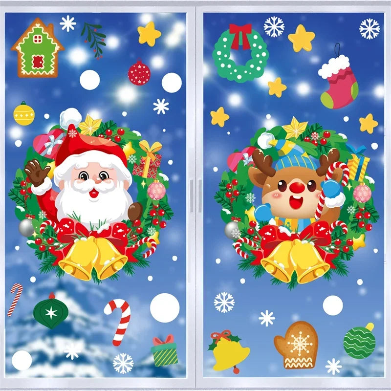 Merry Christmas 2024 Window Decoration Stickers Electrostatic Glass Decals Santa Claus Snowman Snow Flake Pattern Xmas Ornaments