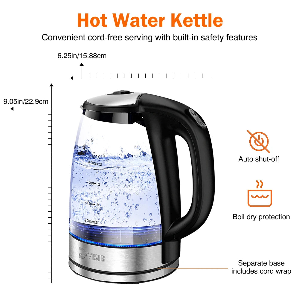 Electric Tea Kettle for Boiling Water Stainless Steel Filter DEVISIB 2L/2200W Hot Water Boiler Wide Opening Automatic Shut Off