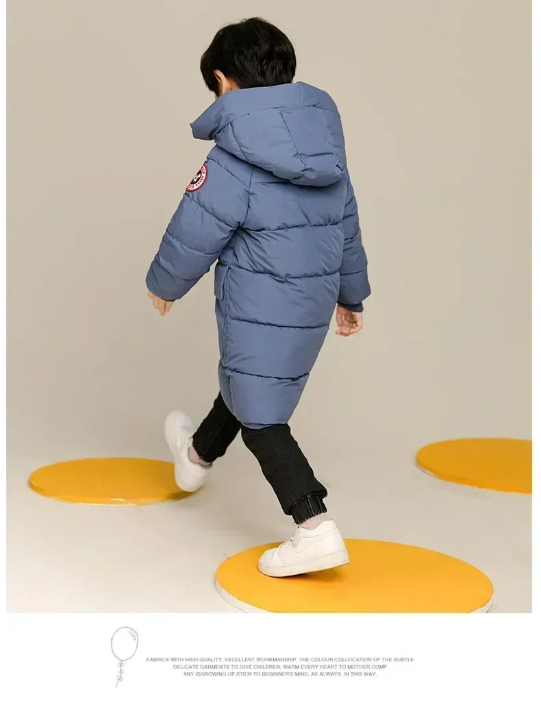 Children's hooded cotton jacket, medium length windproof jacket, warm, cold proof, solid color, winter, new fashionable down jac