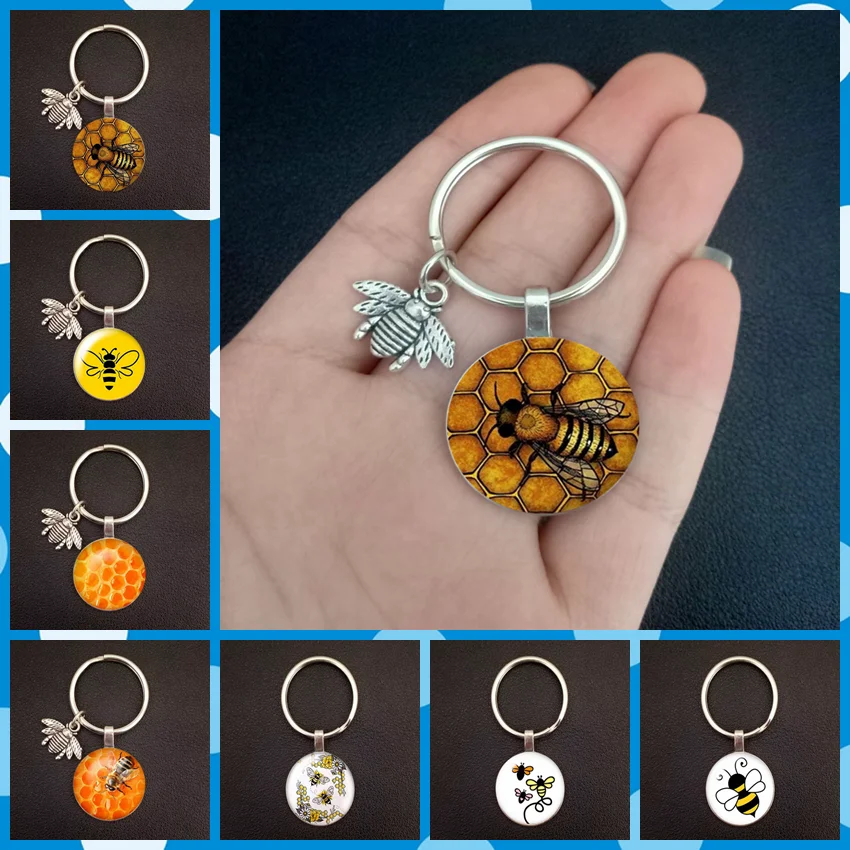 Bulbusbow Cute Insect Bee Keychain Fashion Geometric Honeycomb Honey Bee 3D Printed Glass Dome Key Ring Chain Bumble Bee Trinkets