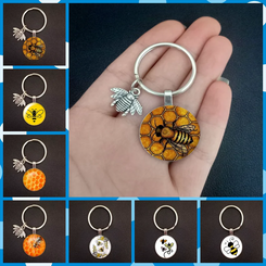 Bulbusbow Cute Insect Bee Keychain Fashion Geometric Honeycomb Honey Bee 3D Printed Glass Dome Key Ring Chain Bumble Bee Trinkets