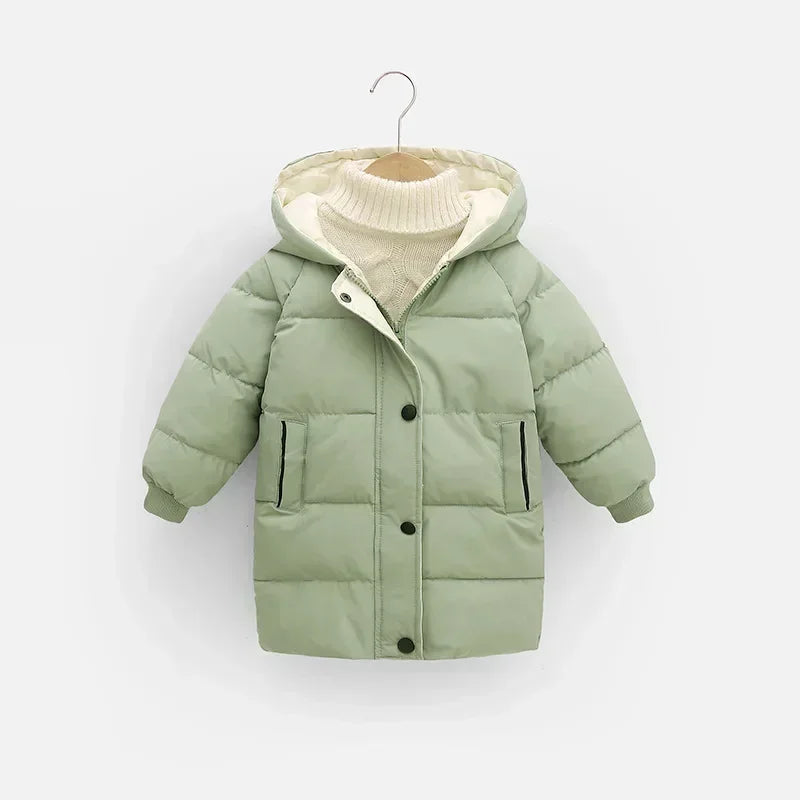 Children's hooded cotton jacket, medium length windproof jacket, warm, cold proof, solid color, winter, new fashionable down jac