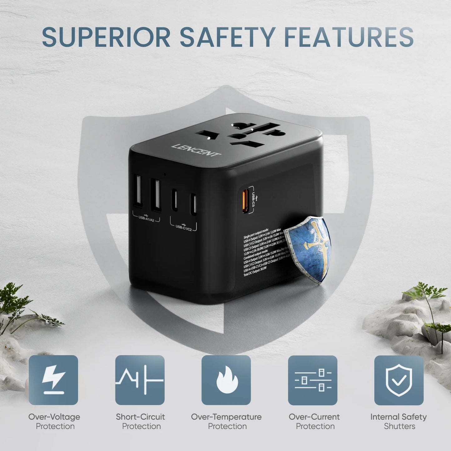 Bulbusbow 65W Universal Travel Adapter with 2 USB Ports and 3 Type-C Fast Charging Ports