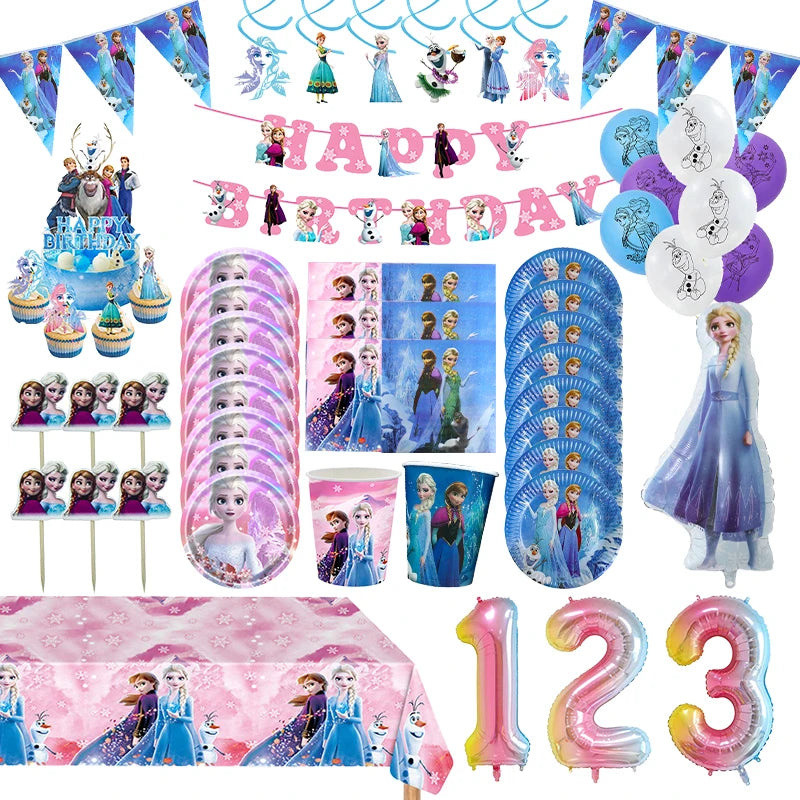 Elsa Frozen Birthday Decoration Frozen Theme Child Party Decor Supplies Tableware Set Plates Cup Tablecloth Background Candy Bag