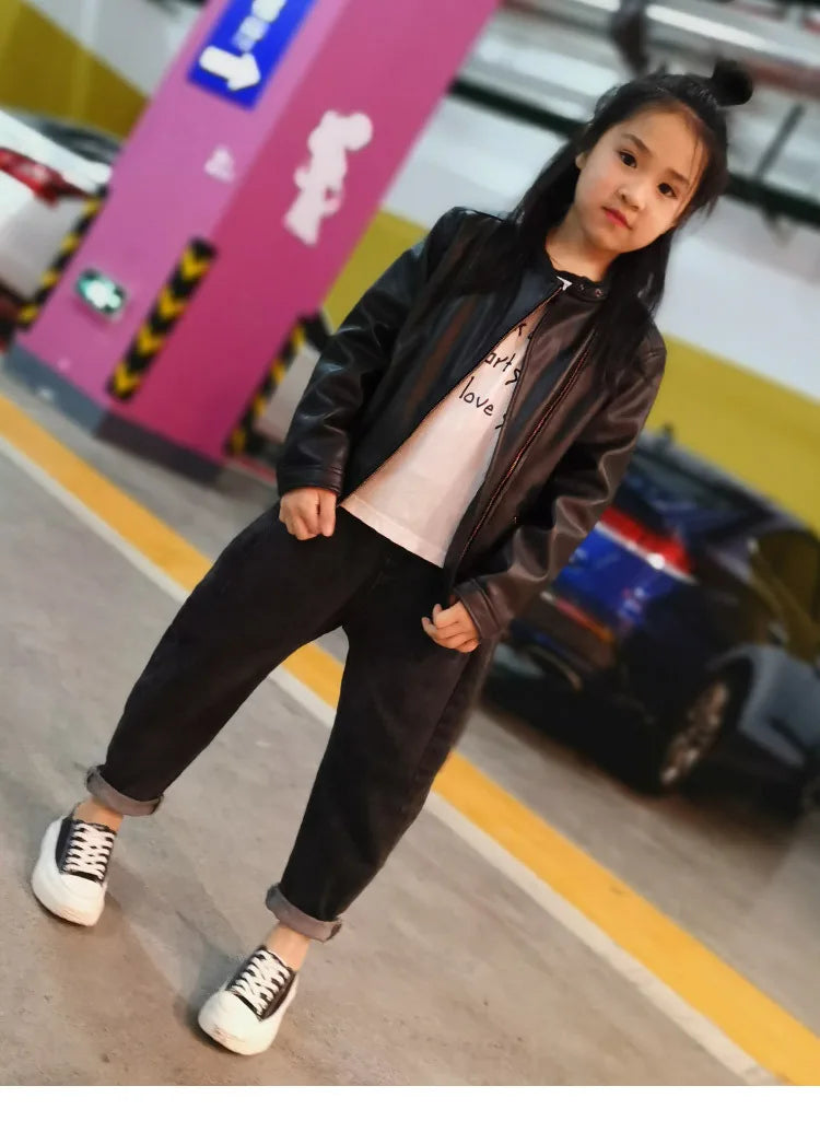 2024 Autumn Children Girl PU Leather Motorcycle Jacket 1-10 Years Kid Little Girl Outerwear Coat Infant Baby Girl Catwalk Outfit