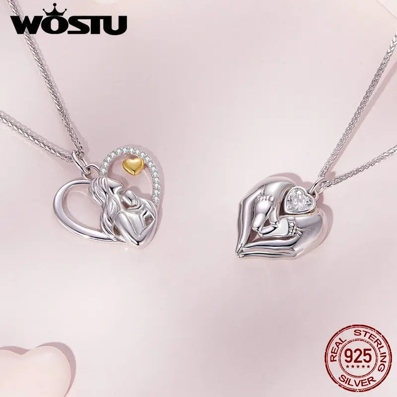 WOSTU 925 Sterling Silver Love Footprint Necklace Mother-child Heart-shape Pendant Chain for Women Fine Jewelry Mother Wife Gift