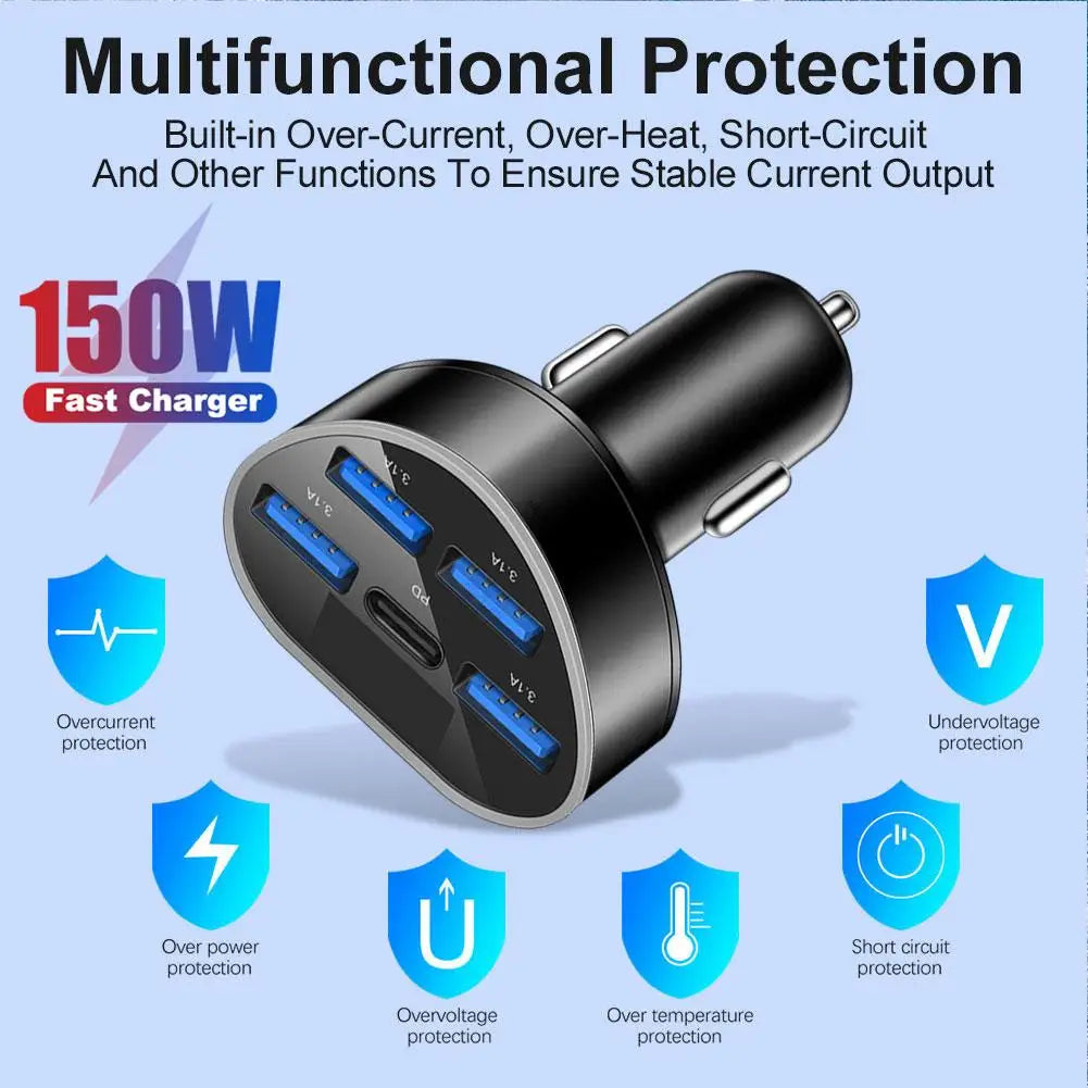 شاحن سيارة 4 منافذ USB PD 66 وات من النوع C، محول شحن سريع للهاتف المحمول للآيفون QC 3.0