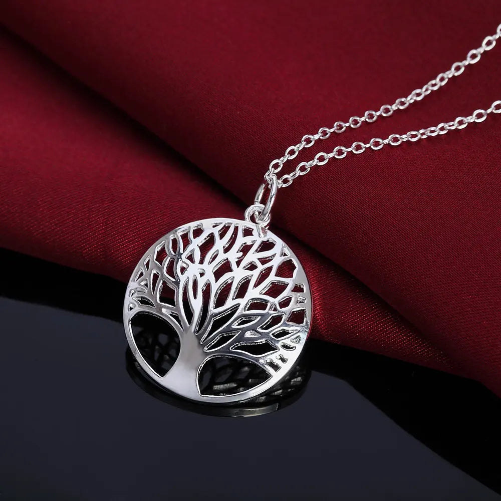 925 Sterling Silver Charm Round Tree of Life Earrings Necklace Set For Women Fashion Wedding Christmas Jewelry Set