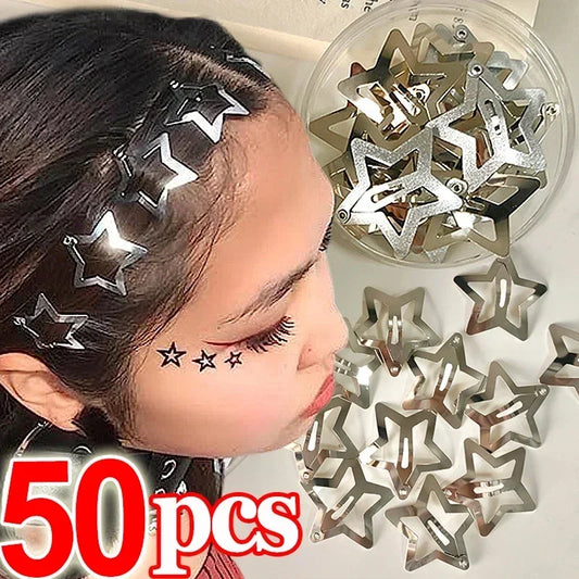 2/50Pcs Y2K Silver Star Hair Clips for Girls – Filigree Metal Snap Clip Hairpins & Barrettes | Nickel-Free Bobby Pins | Trendy, Durable Hair Jewelry by Bulbusbow