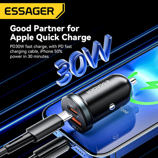 Essager 30W USB C 车载充电器 Type C 快速充电器 PD QC 3.0 SCP 5A 快速充电车载手机充电器适用于 iPhone 小米 三星