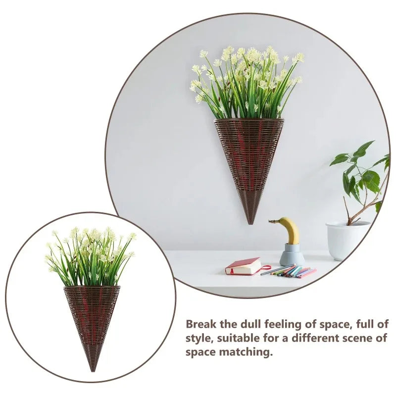 3pcs Rattan Wall Hanging Flower Vase Pot Wall Net Art Flower Basket Rural Garden Interior Balcony Artificial Decoration Home