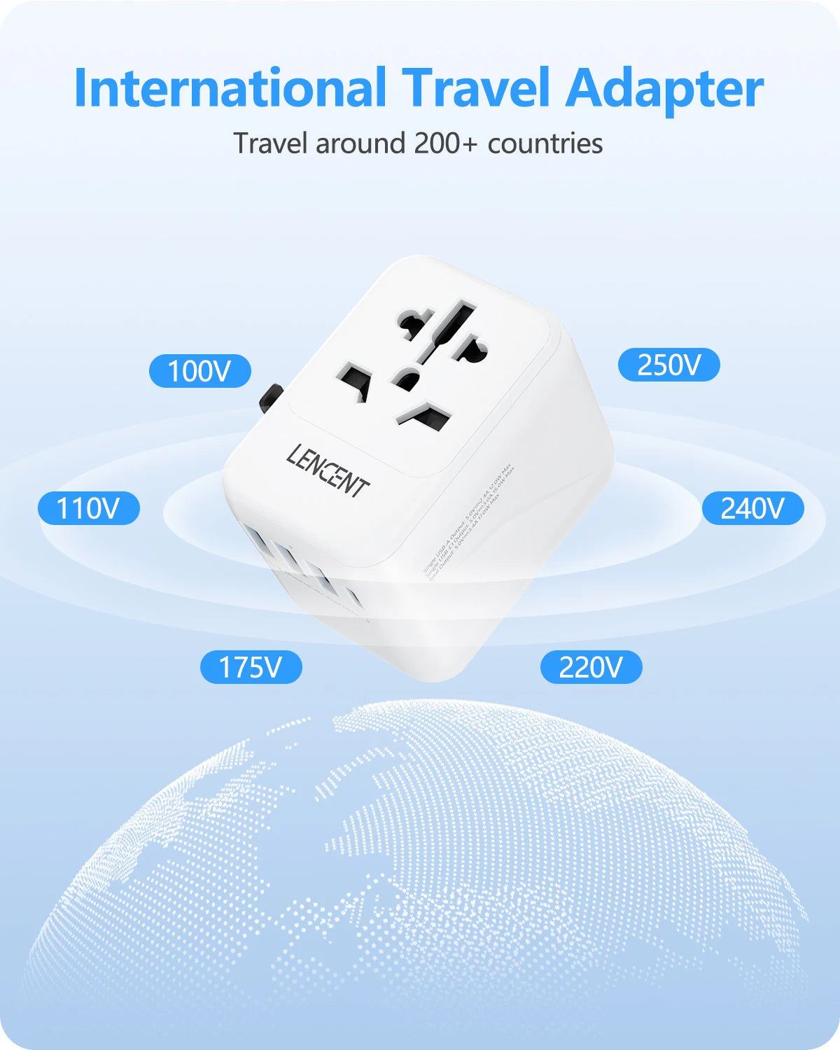 LENCENT Universal Travel Adapter with 3 USB Ports 1Type-C PD Charging All-in-one Travel Adapter EU/UK/USA/AUS Plug for Travel