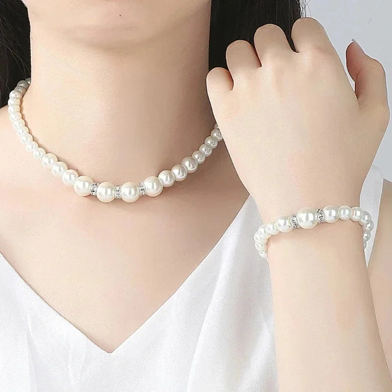 Bulbusbow 3 PCS Imitation Pearl Jewelry Set including necklace, bracelet, and earring studs