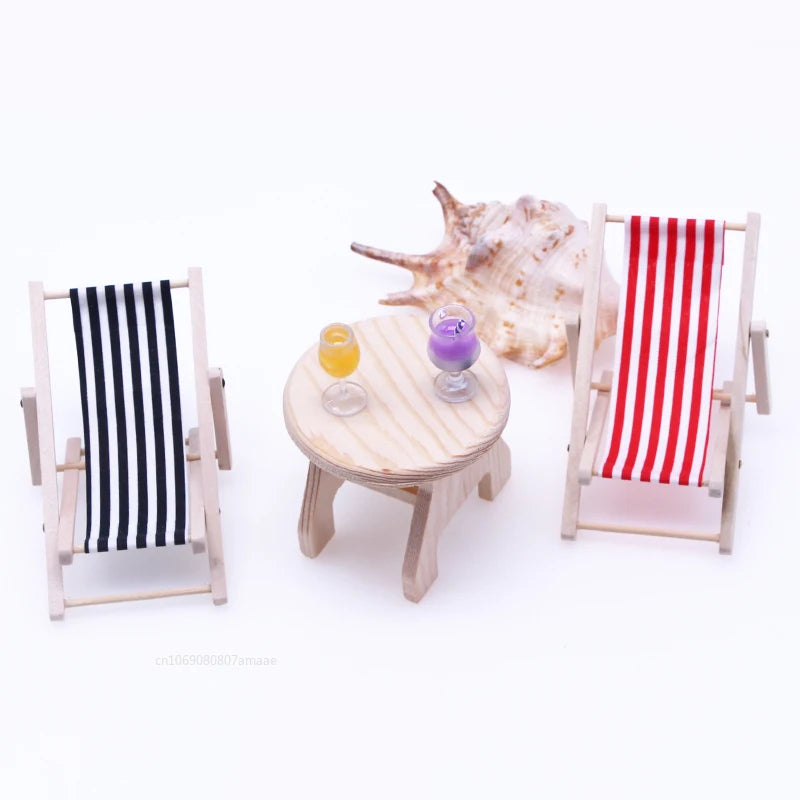 Dollhouse Miniature Items Wooden Beach Chair Model for Girl Mini Furniture Outdoor Reclining Chair Miniature Scene Accessories