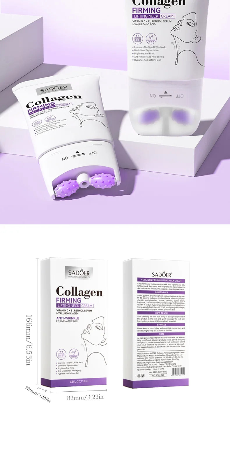 SADOER Collagen Firming Neck Cream Lifting Moisturizing Brightening Message Roller Neck Beauty Cream Necks Skin Care Products