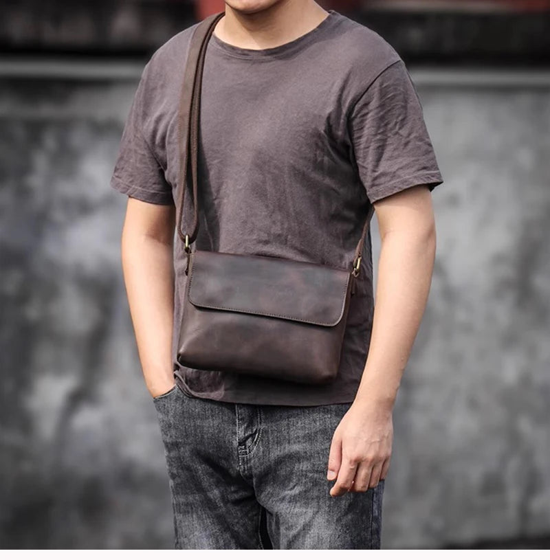 Men's Cowhide Bag Flap Fashion Shoulder Bag 7.9 inch ipad phone bag Vintage Leather Crossbody Bag Gift for Husband