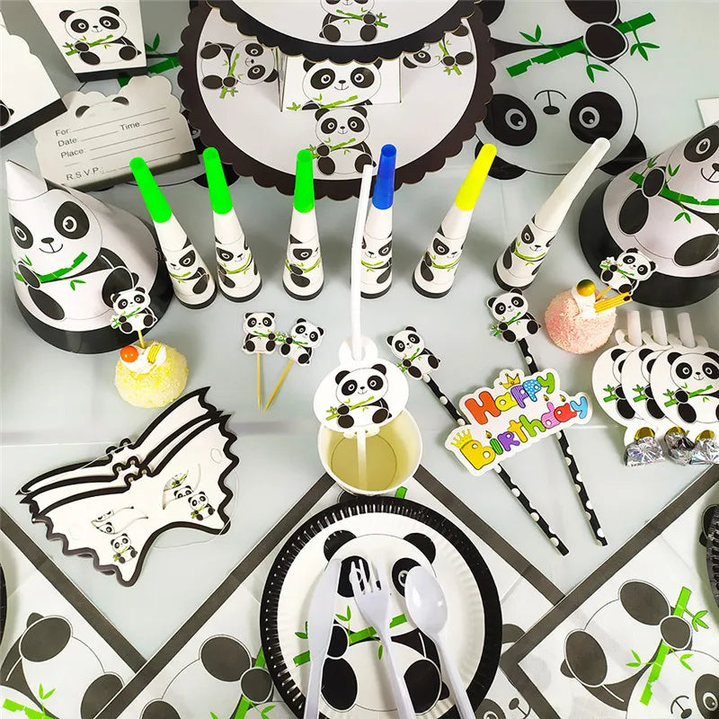 Cartoon Panda Theme Birthday Party Decoration Kit Panda Bamboo Tableware Background Balloon Supplies Happy Birthday Party Favors