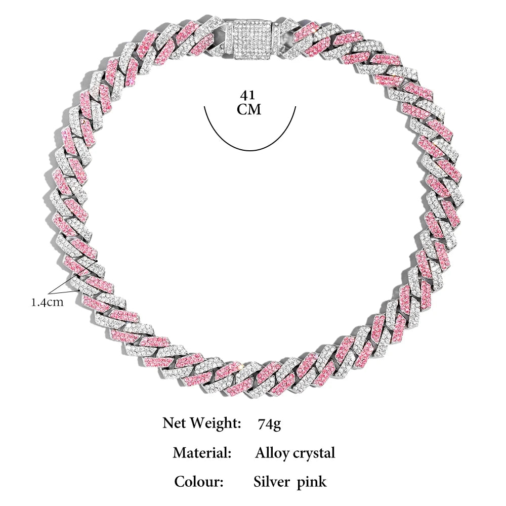 قلادة سلسلة كوبية عصرية مرصعة بأحجار الراين الوردية مقاس 14 مم من AAA للرجال والنساء مجوهرات الهيب هوب هدية بالجملة