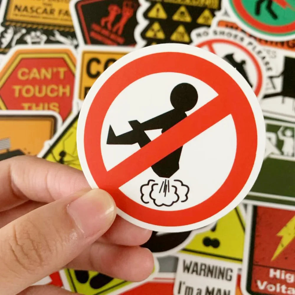 50pcs Funny Caution Sign Stickers Waterproof Desk Car Sticker Personalized DIY For Luggage Cup Skateboard