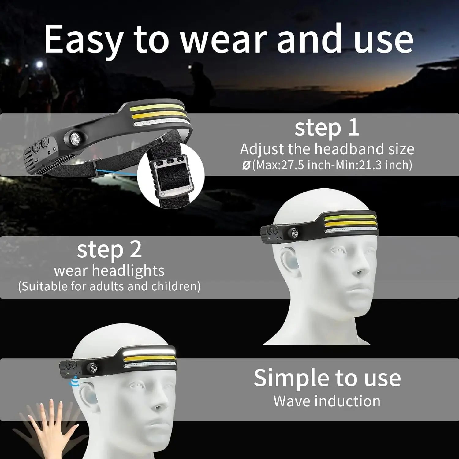 Induction Headlamp COB LED Sensor Head Lamp Built-in Battery Flashlight USB Rechargeable Head Torch 5 Lighting Modes Headlight