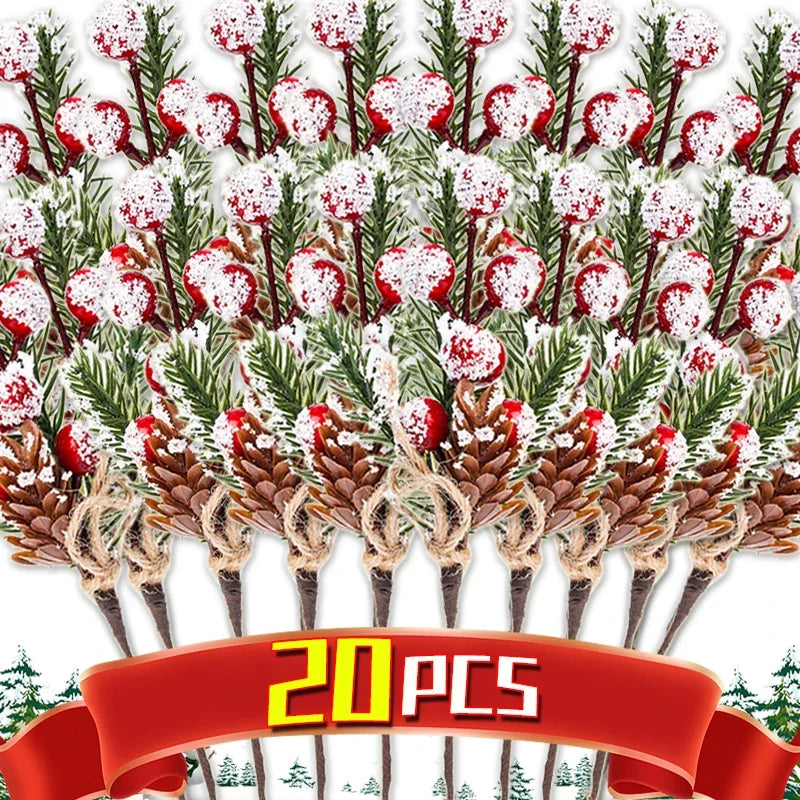 2/20PCS Artificial Berry Branch DIY Xmas Tree Pine Branches Red Berry Bouquet Ornaments Christmas Party New Year Decor Supplies