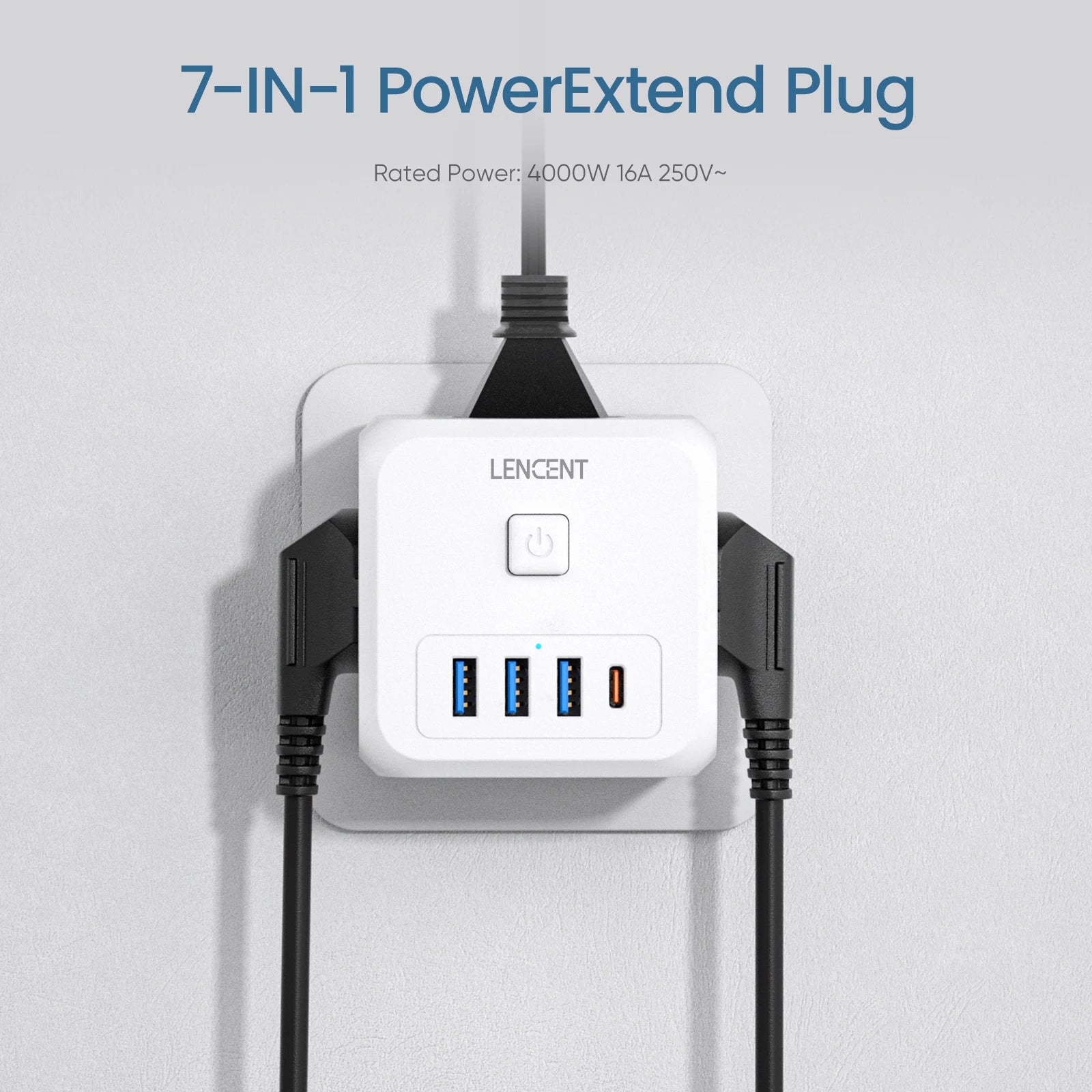 LENCENT Wall Socket Extender with 3 AC Outlets 3 USB Ports And1 Type C 7-in-1 EU Plug Charger On/Off Switch for Home