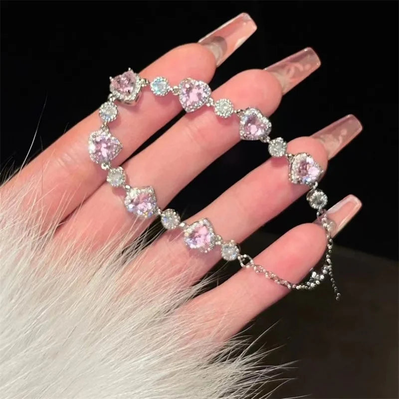 Luxury Pink Stone Heart Bracelet For Girlfriend Valentine's Day Gift Top Quality S925 Bracelet Women Jewelry