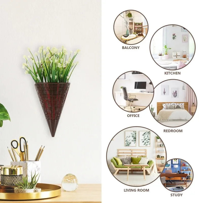 3pcs Rattan Wall Hanging Flower Vase Pot Wall Net Art Flower Basket Rural Garden Interior Balcony Artificial Decoration Home