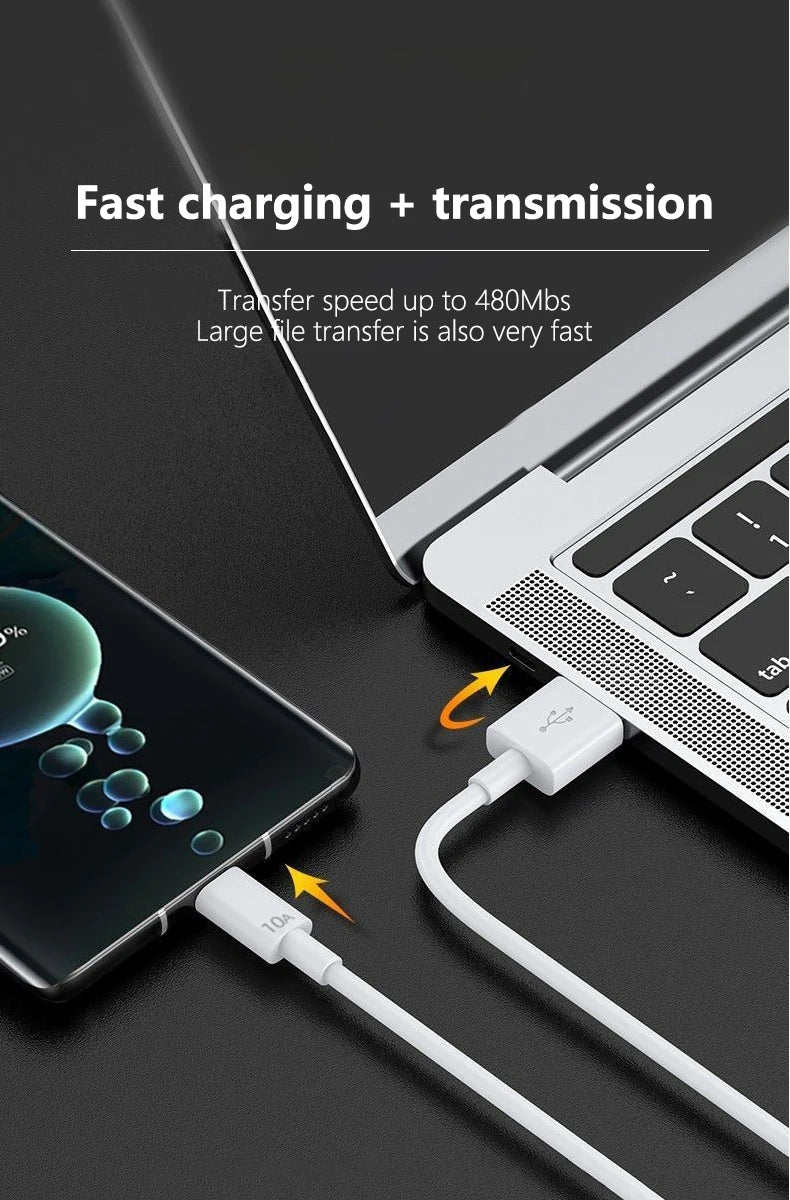 120W 10A USB Type C Super Fast Charging Cable For Huawei P40 P30 Honor Data Cord For Xiaomi Redmi 13 OnePlus POCO