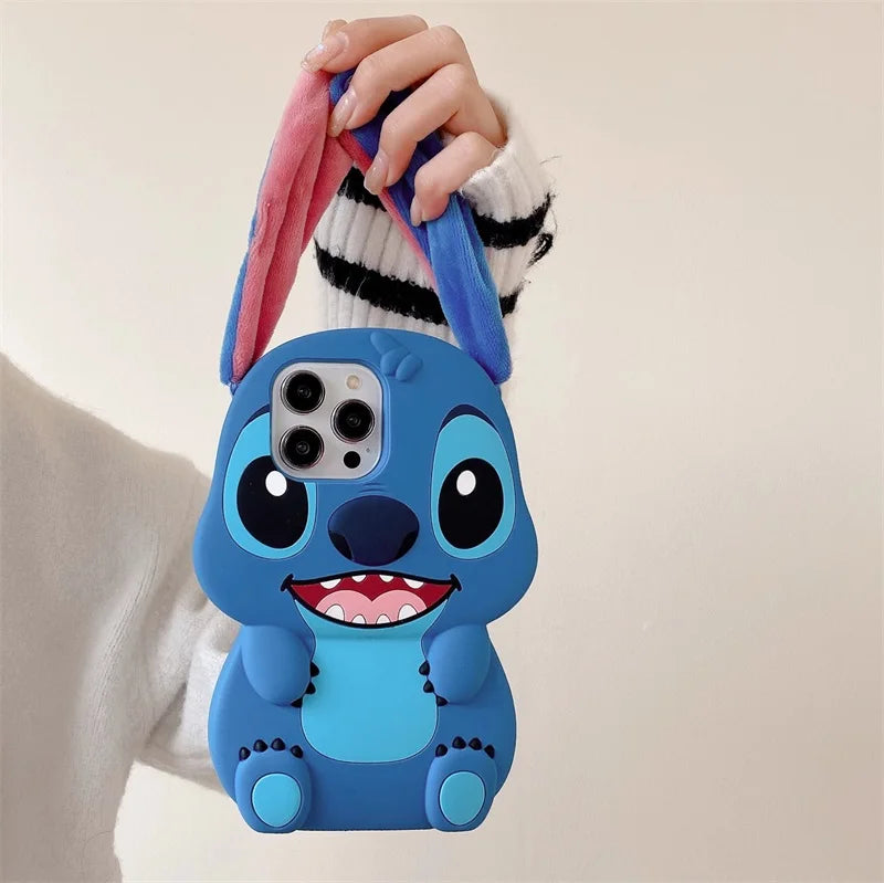 Bandai 3D Silicone Cartoon Phone Case Stitch For iPhone 14 13 12 11 15 Pro Max Fluffy Fur Plush Ear Stitch Cover Men Kids Gift