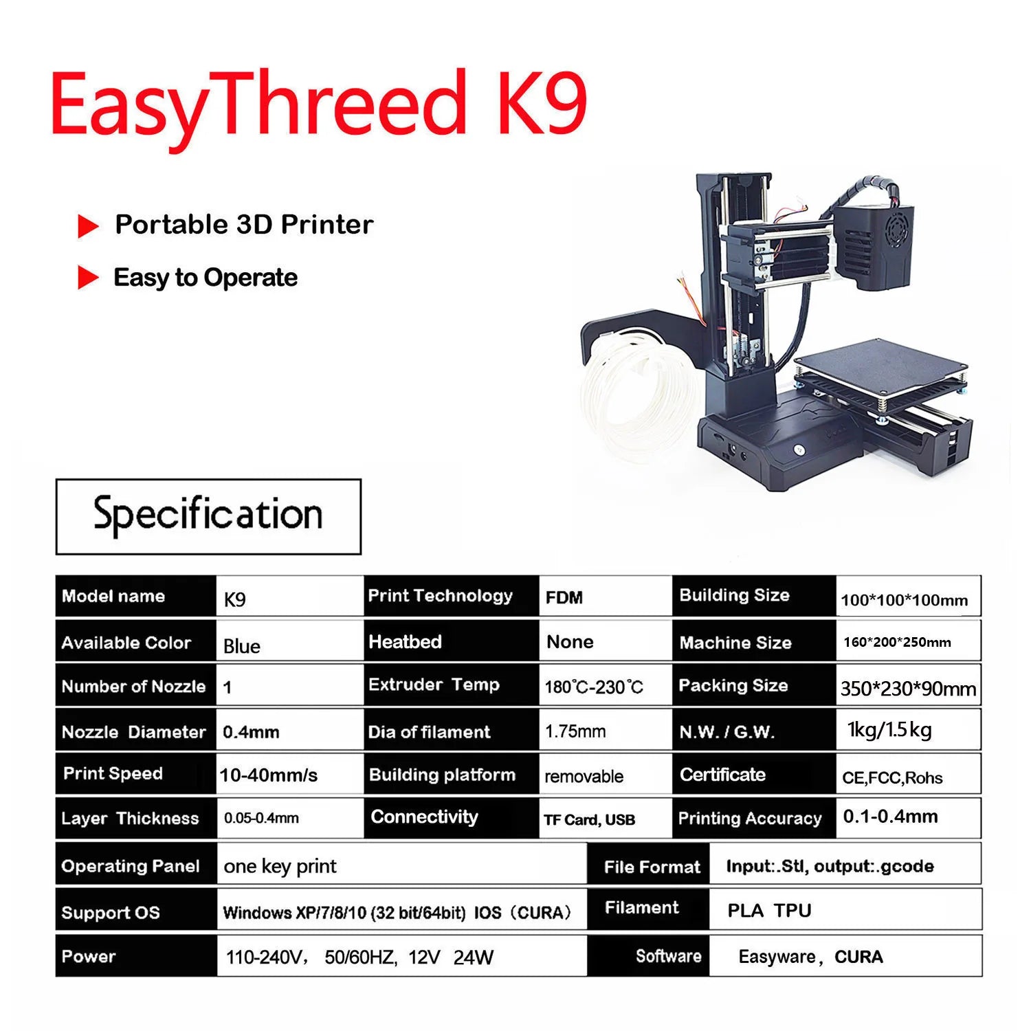 EasyThreed K9 迷你 3D 打印机 易于使用 入门级礼品 3D 打印机 FDM TPU PLA 细丝 1.75 毫米 黑色