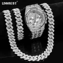 14MM Necklace+Watch+Bracelet Iced Out Watches For Men 2 Row Rhinestone Cuban Chain Necklace Set Women Men Hiphop Jewelry Gift