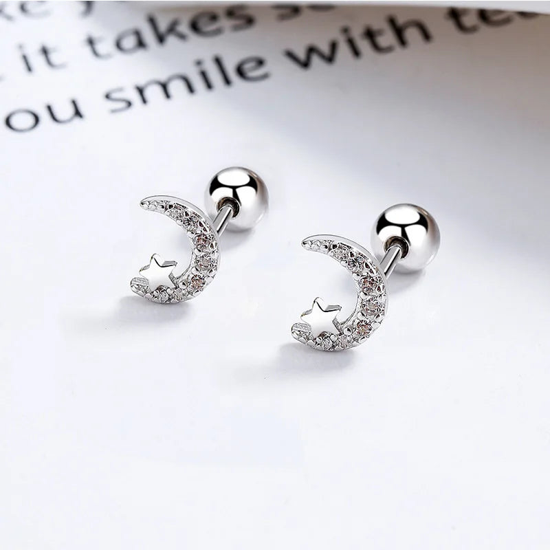 Trendy Silver Screw Back Helix Stud Earrings with Sparkling Cubic Zirconia by Bulbusbow