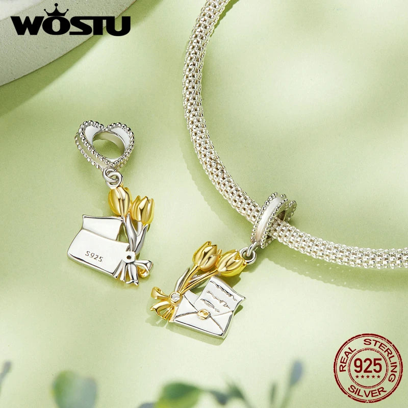 WOSTU 浪漫法国香槟吊坠伞形吊坠 925 纯银 18K 金双色珠适合 DIY 手链项链