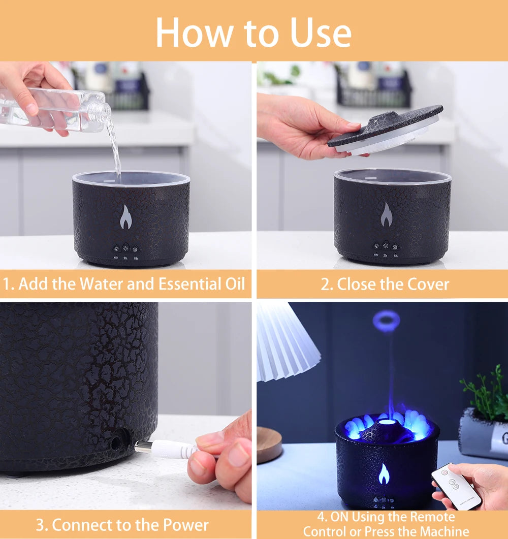 Volcano Fire Flame Air Humidifier Aroma Diffuser Essential Oil with Remote Control Jellyfish for Home Fragrance Mist Mak Smoking