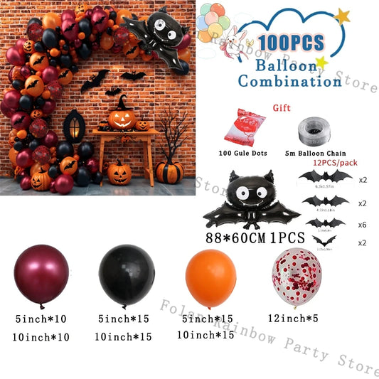 100Pcs Halloween Bat Balloon Garland Arch Kit For Ghost Festival Birthday Party Theme Burgundy Red Black Gold Balloon Decoration