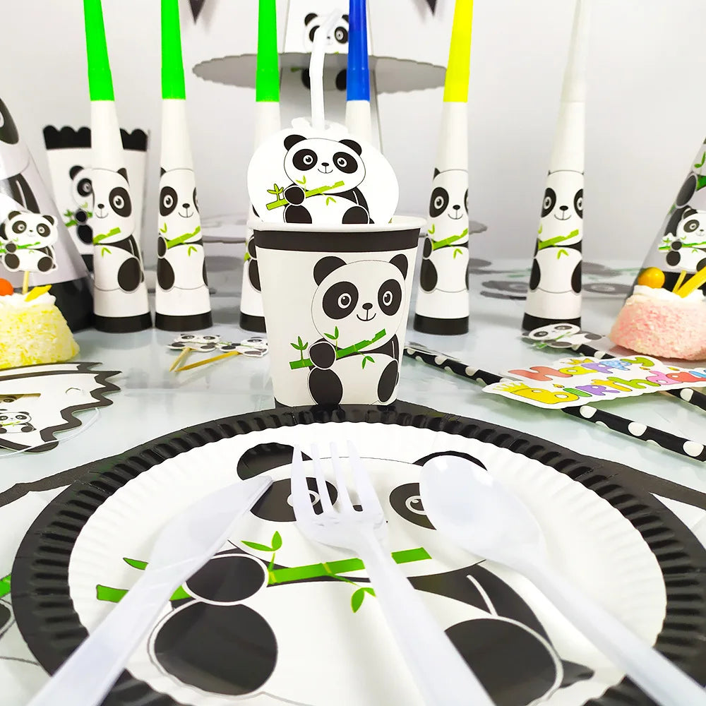 Cartoon Panda Birthday Party Decoration Kit Supplies Panda Bamboo Theme Paper Napkins Plate Cup Balloon Baby Shower for Kids DIY