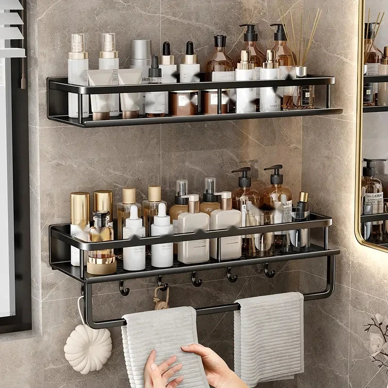 Space Aluminum Multifunctional Wall Mounted Bathroom Shelf Storage Rack Towel Bar Ideal For Bathroom Item Storage