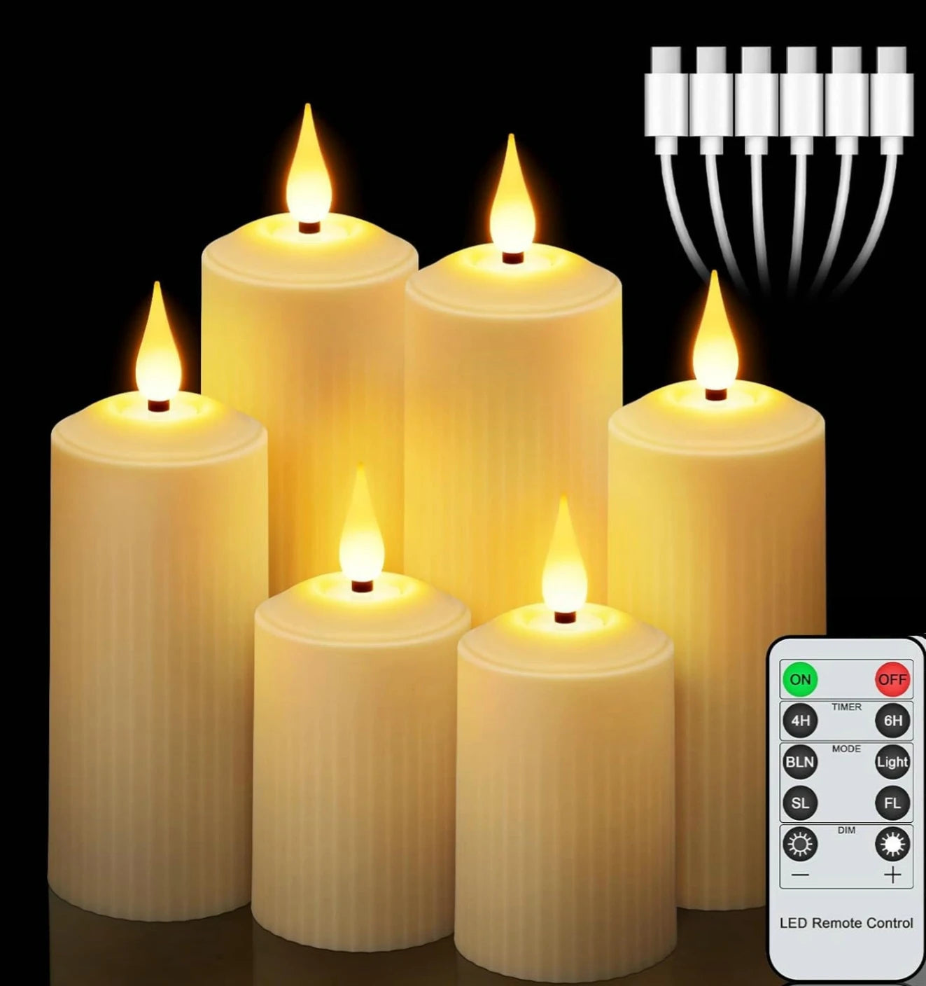 set of 6 USB Rechargeable Remote control led Candles Flickering 3D Flame Roman Pillar Candle light Waterproof  F/Christmas Home