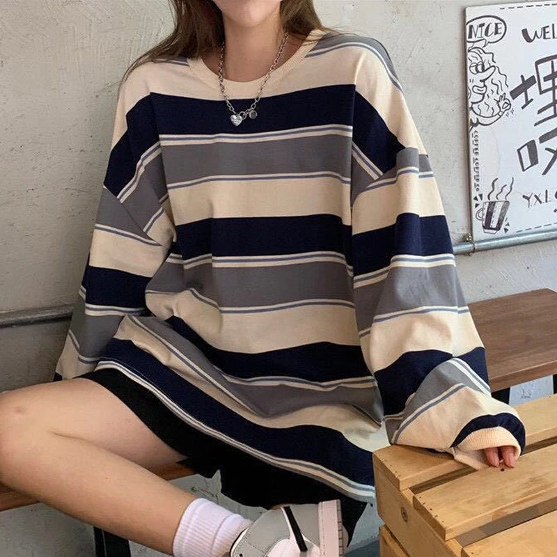 autumn Hoodies Striped Oversized Sweatshirt Women Harajuku Pullovers Korean Fashion Couples Matching Long Sleeve Tops Streetwear