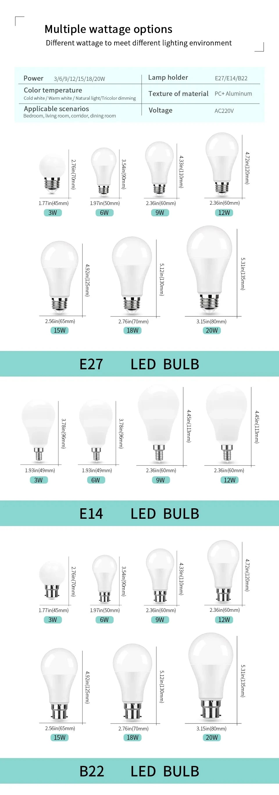 6Pcs/Lot  E27 E14 B22 LED 220V  3W 6W 9W 12W 15W 18W 20W Led Bulb Cold White Led Lights For Living Room Use