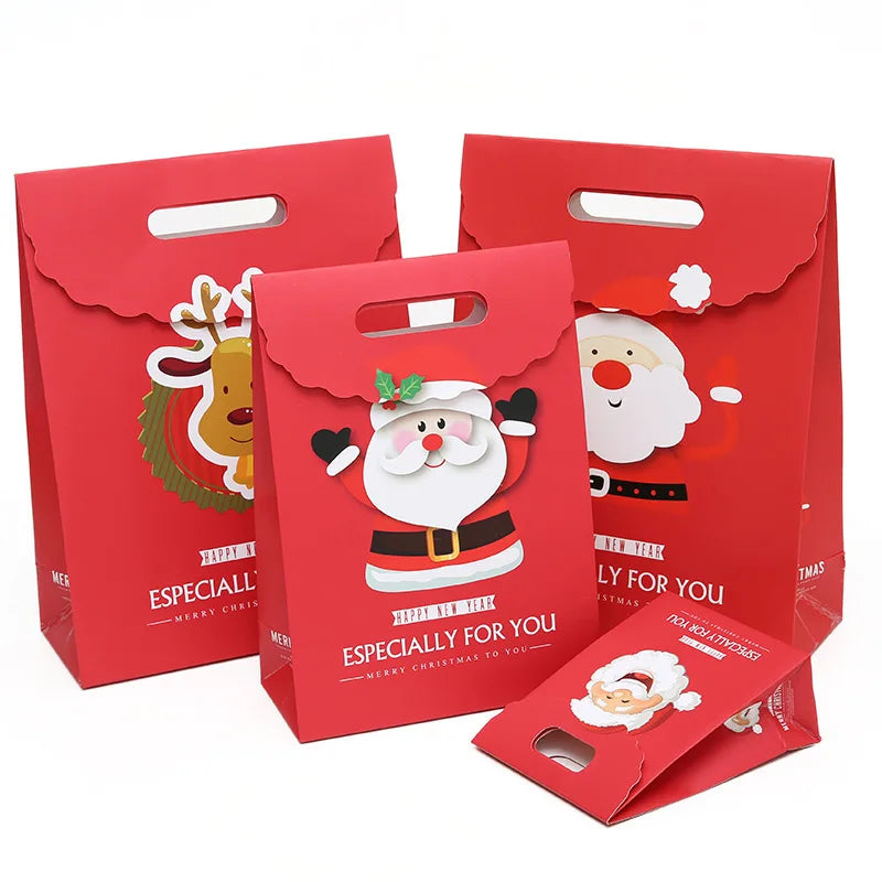 Merry Christmas Gift Bags with Handle Santa Claus Deer Pattern Paperboard Bag Handbag Xmas Candy Cookie Gifts Packaging Bags